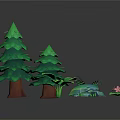 Cartoon Scene With Green Trees Small Ferns Colorful Stones And Pink Flowers