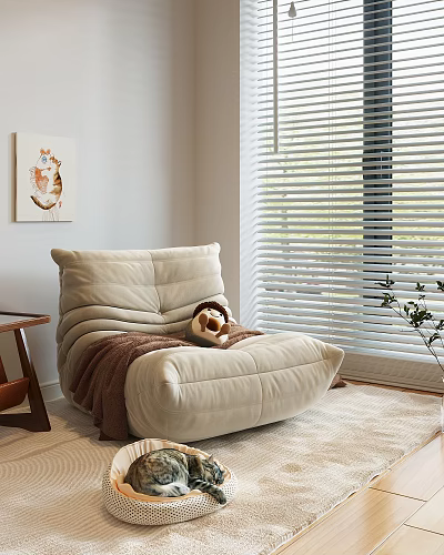 Cozy Beige Bean Bag Chair with Brown Blanket Stuffed Toy Wooden Table and Window Blinds 3d model