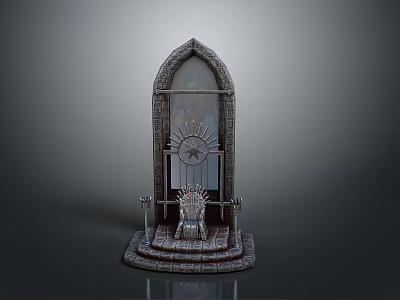 Medieval Iron Throne Display With Arched Doorway Stone Steps And Metal Decor 3d model