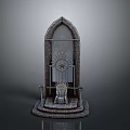 Medieval Iron Throne Display With Arched Doorway Stone Steps And Metal Decor