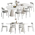 Modern Dining Table Set Featuring Marble Top Conical Legs And Gray Upholstered Chairs 3d model