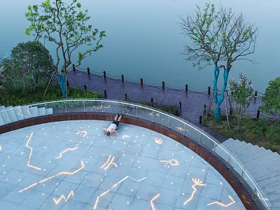 Waterfront Landscape Featuring Circular Ground Illuminated Patterns Wooden Boardwalk Railing And Trees 3d model