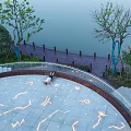 Waterfront Landscape Featuring Circular Ground Illuminated Patterns Wooden Boardwalk Railing And Trees