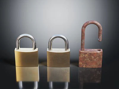 Sturdy Hardware Tools Featuring Three Padlocks Golden And Rusty Red 3d model