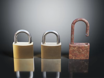 Sturdy Hardware Tools Featuring Three Padlocks Golden And Rusty Red 3d model