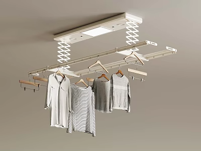 Ceiling Mounted Clothes Drying Rack Featuring Metal Structure Spring And Hanging Garments 3d model