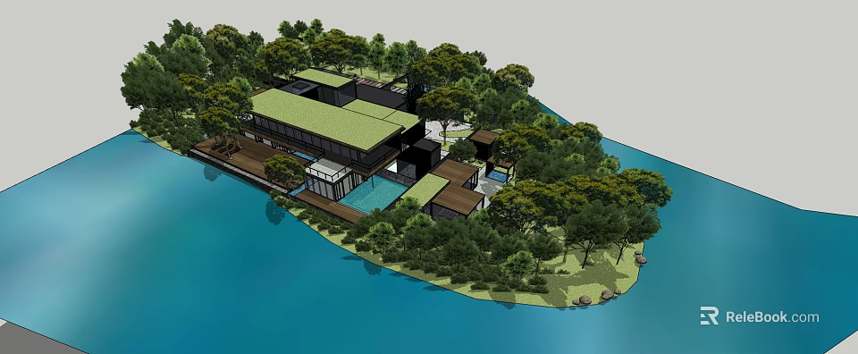 Detached Villa With Modern Architecture Surrounded By Lush Trees And Waterfront View 3d model 