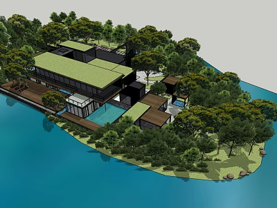 Detached Villa With Modern Architecture Surrounded By Lush Trees And Waterfront View 3d model