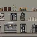 Modern Kitchen Electrical Appliances With Coffee Makers Coffee Cups And Storage Jars