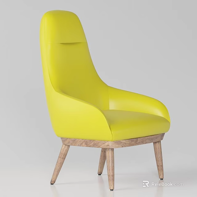 Bright Yellow Leather Leisure Chair With Curved Backrest And Wooden Legs 3d model 