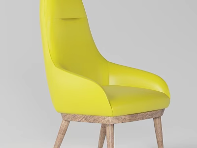 Bright Yellow Leather Leisure Chair With Curved Backrest And Wooden Legs 3d model