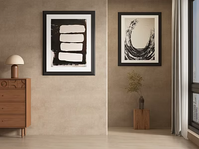 Two Abstract Paintings On Beige Wall With Wooden Cabinet Table Lamp And Plant 3d model