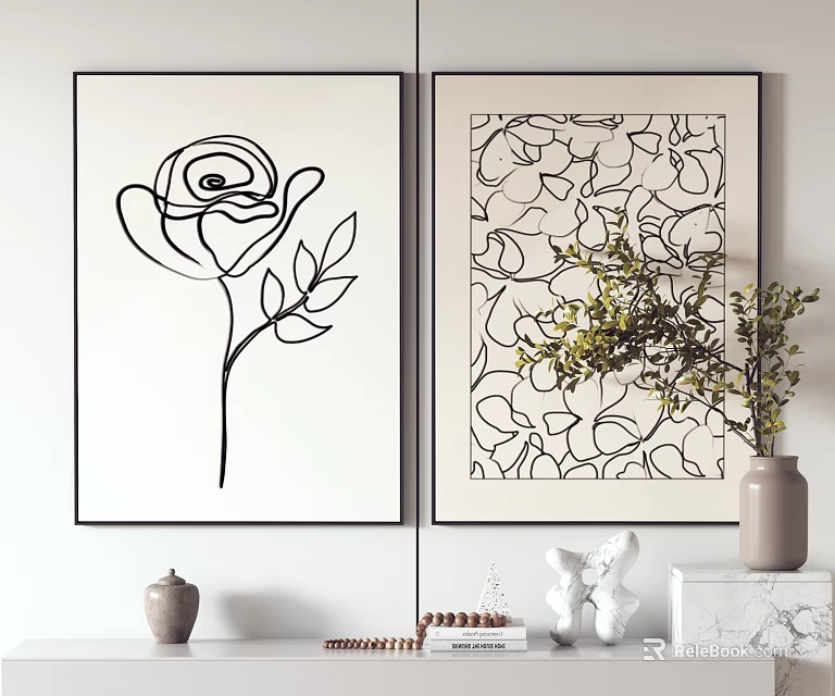Minimalist Wall Art With Rose Line Drawing Abstract Pattern Vase And Decorative Elements 3d model
