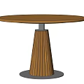 Round Wooden Dining Table With Conical Vertical Slatted Base And Black Circular Bottom Modern Design 3d model