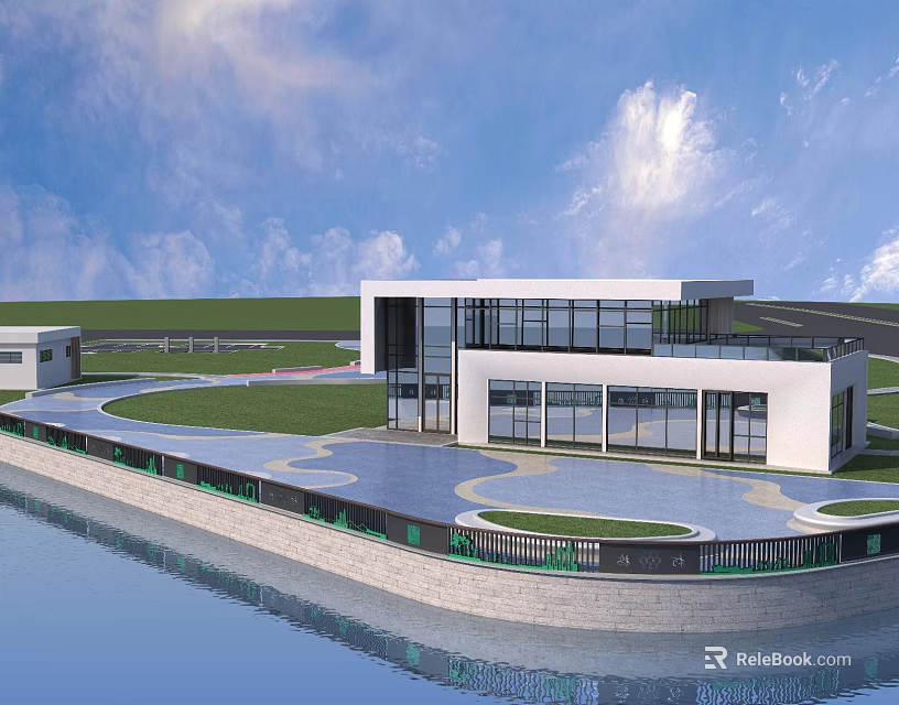 Modern Garden Landscape With Waterfront Green Lawn Curved Pathway And Glass Building 3d model 