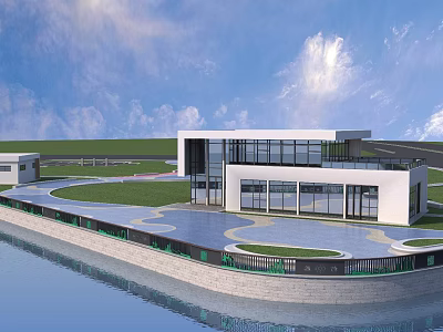 Modern Garden Landscape With Waterfront Green Lawn Curved Pathway And Glass Building 3d model