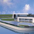 Modern Garden Landscape With Waterfront Green Lawn Curved Pathway And Glass Building