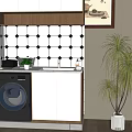 Modern Laundry Room With Washing Machine White Cabinets Black White Diamond Tiles And Floor Lamp