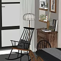 Comfortable Leisure Chair In Cozy Living Room With Wooden Shelves And Decorative Plants