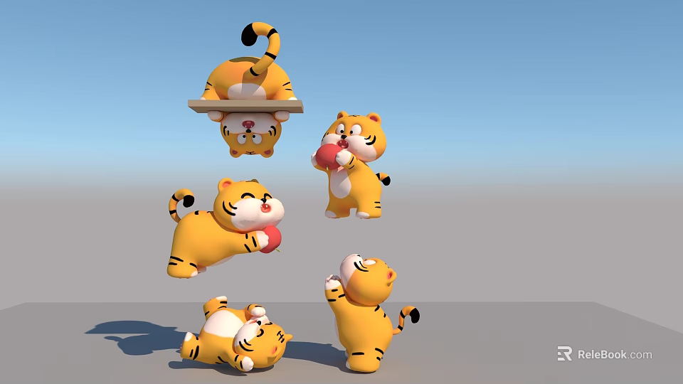 Cute Tiger Dolls In Various Poses Holding Ball Lying Down And Standing 3d model 