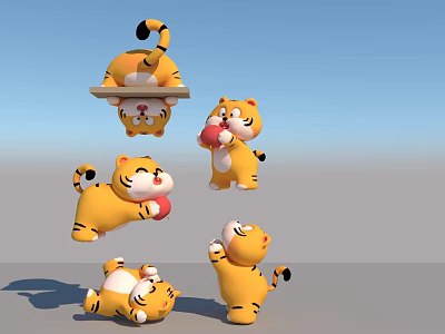 Cute Tiger Dolls In Various Poses Holding Ball Lying Down And Standing 3d model