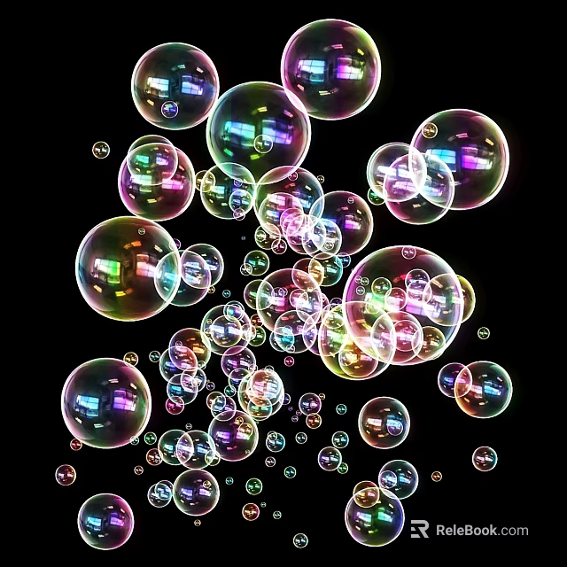 Colorful Soap Bubbles Floating On Black Background With Vibrant Iridescent Hues 3d model 