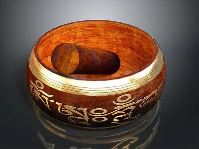 Handcrafted Wooden Bowl With Pestle Featuring Golden And Black Decorative Patterns 3d model