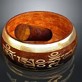 Handcrafted Wooden Bowl With Pestle Featuring Golden And Black Decorative Patterns