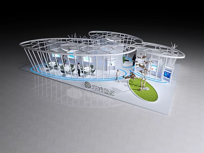 Modern Exhibition Booth with Curved Structure Transparent Display Area Green Plants and Brand Logo 3d model