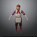 3D Character Model With Red Hair Pink Shirt White Apron Brown Pants And Red Boots