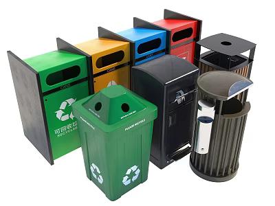 Colorful Public Facility Trash Bins With Recycling Symbols And Various Designs 3d model