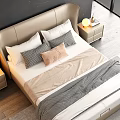 Modern Double Bed Interior With Beige Headboard Pillows Nightstands And Dark Wall Light Strip