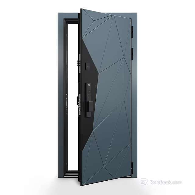 Modern Gray Hinged Door Featuring Geometric Pattern And Black Frame Design 3d model 