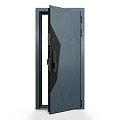 Modern Gray Hinged Door Featuring Geometric Pattern And Black Frame Design