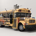 Yellow School Bus With Graffiti Metal Mesh Windows Barbed Wire And Chains 3d model