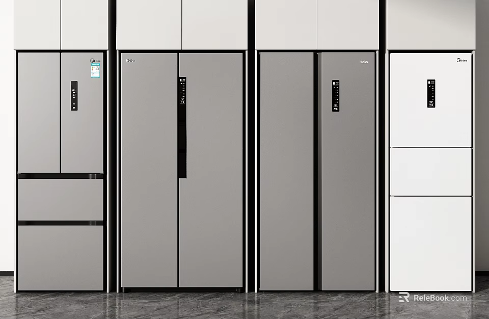 Different Modern Refrigerators Freezers With Sleek Gray And White Exteriors 3d model 