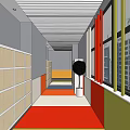 Elevator Corridor with Colorful Carpet Glass Doors Windows Walls and Modern Design