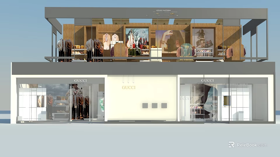 GUCCI Store Window Display With Fashion Clothing Mannequins And Glass Front Design 3d model 