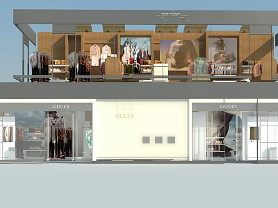 GUCCI Store Window Display With Fashion Clothing Mannequins And Glass Front Design 3d model