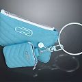 Blue Quilted Fabric Pouch With Zipper Closure Paperclip Accent Key Ring And Small Additional Wallet