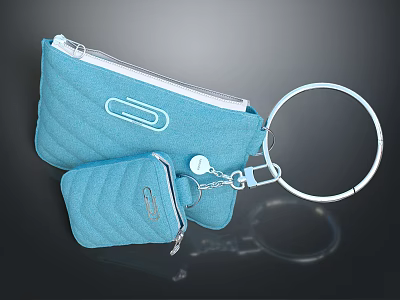 Blue Quilted Fabric Pouch With Zipper Closure Paperclip Accent Key Ring And Small Additional Wallet 3d model