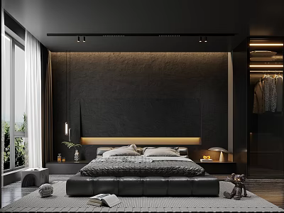 Modern Luxury Bedroom with Black Wall Large Bed Floor-to-Ceiling Window Wardrobe Carpet and Bedside Lamp 3d model