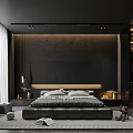 Modern Luxury Bedroom with Black Wall Large Bed Floor-to-Ceiling Window Wardrobe Carpet and Bedside Lamp