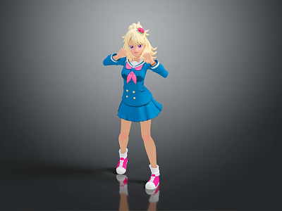 Cute Blonde Haired Game Anime Character In Blue Uniform With Pink Bow And White Shoes 3d model
