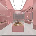 Pink Dessert Shop Interior With Display Cases Spiral Staircase Shelves Counter And Lighting
