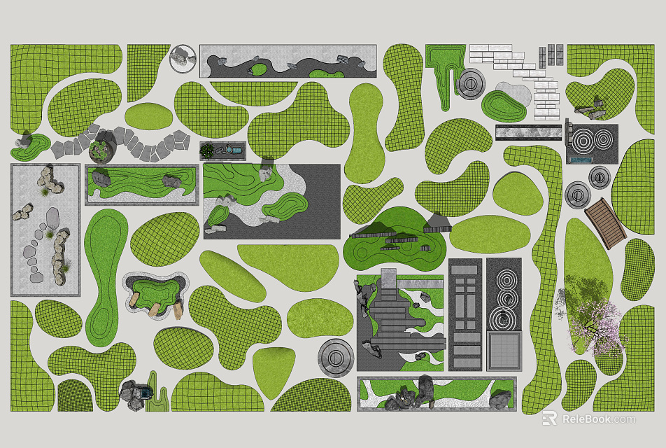 Garden Landscape Design With Irregular Green Lawns Paths Steps And Plants 3d model 