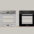 Two Modern Kitchen Ovens Silver Stainless Steel And Black On Wooden Shelf