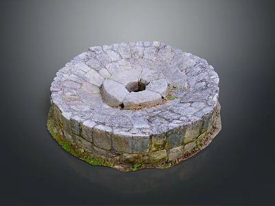 Antique Traditional Stacked Stone Mill Featuring Circular Design And Mossy Base 3d model