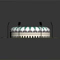 Cartoon Round Stadium Scene with Colorful Seats White Exterior and Green Surroundings and Light Poles