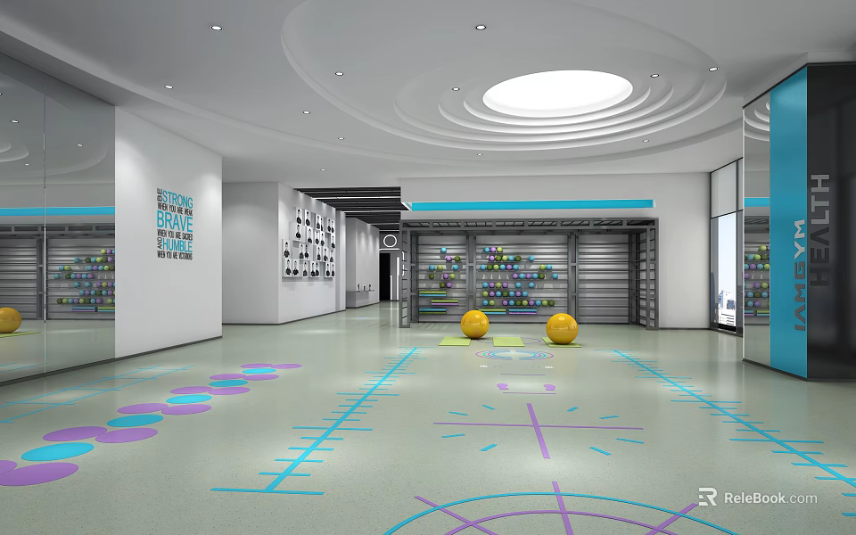 Modern Indoor Fitness Space With Colorful Floor Lines Yellow Exercise Balls And Storage Cabinets 3d model 